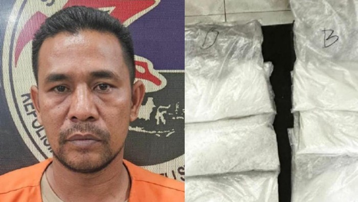 Kolase foto pelaku Abdul Rahman dan barang bukti sabu saat diamankan di kantor polisi. (Dok. Polresta Deli Serdang)