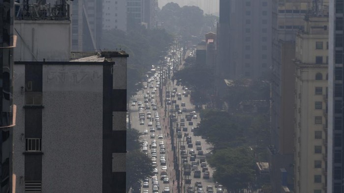 Buildings are veiled by smoke resulting from fires raging across the Amazon, in Sao Paulo, Tuesday, Sept. 3, 2024. (AP Photo/Andre Penner)