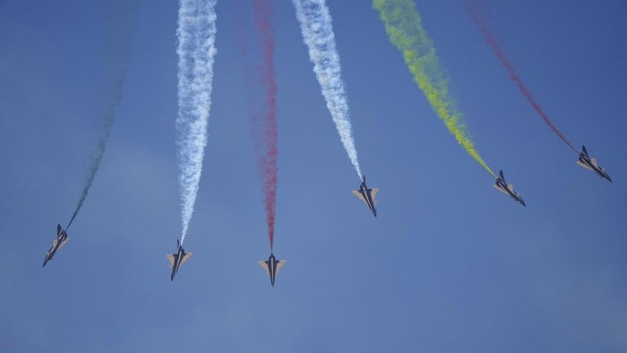 Chinese J-10 fighter jets performs during the first edition of the Egypt International Airshow at al-Alamein airport, Wednesday, Sept. 4, 2024. (AP Photo/Amr Nabil)