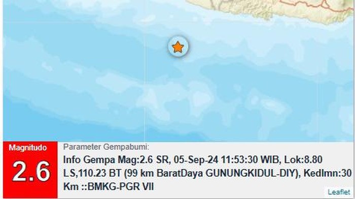 Gempa M 2,6 di barat daya Gunungkidul, Kamis (5/9/2024).