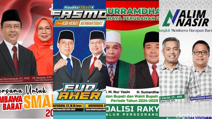Kolase foto empat paslon Pilkada Sumbawa Barat (dari kiri): Amar-Nani, Fud-Aher, Nur-Sumardhan, Salim-Nasir.
(Foto: Helmy Akbar / detikBali)