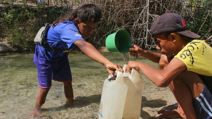Potret Warga NTT Kesulitan Air Bersi Warga membawa berikan berisi air bersih yang diambil di sungai Desa Oesusu, Kabupaten Kupang, Nusa Tenggara Timur (NTT), Kamis (5/9/2024). Warga desa setempat mengalami kesulitan air bersih akibat musim kemarau sehingga terpaksa harus mengambil air dari aliran sungai yang mengecil untuk kebutuhan air minum. ANTARA FOTO/Mega Tokan/sgd/aww.