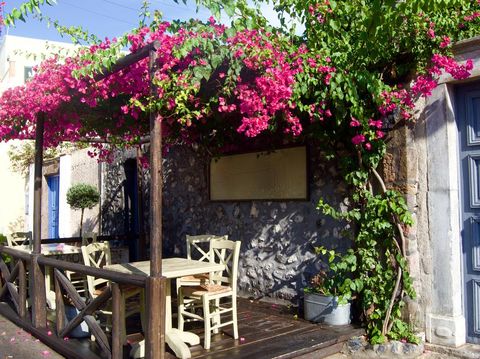 Santorini Greece Sept 2015 A canopy of bougainvillea provides shade on a patio in a village on the Island of Santorini