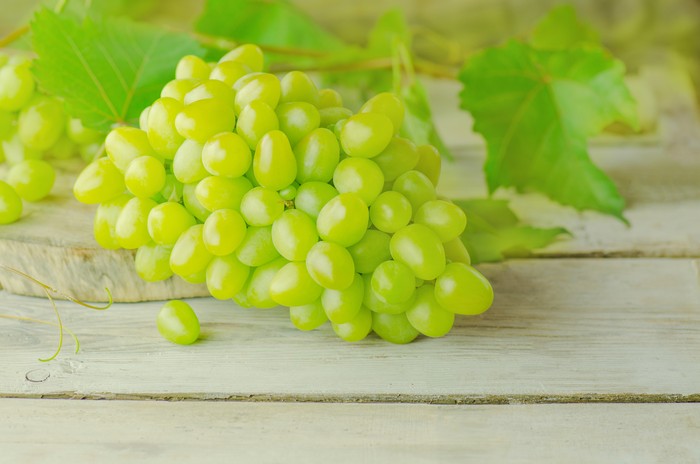 White wine grapes. Grapes on a wooden table. Sweet green grape over the wooden background