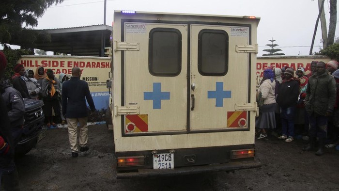 An ambulance drives inside the Hillside Endarasha Primary school following a fire incident in Nyeri, Kenya Friday, Sep. 6, 2024. (AP Photo)