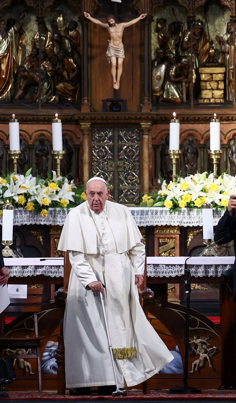 Pope Francis meets with bishops, priests, deacons, consecrated persons, seminarians and catechists at the Cathedral of Our Lady of the Assumption in Jakarta, Indonesia, September 4, 2024. REUTERS/Guglielmo Mangiapane