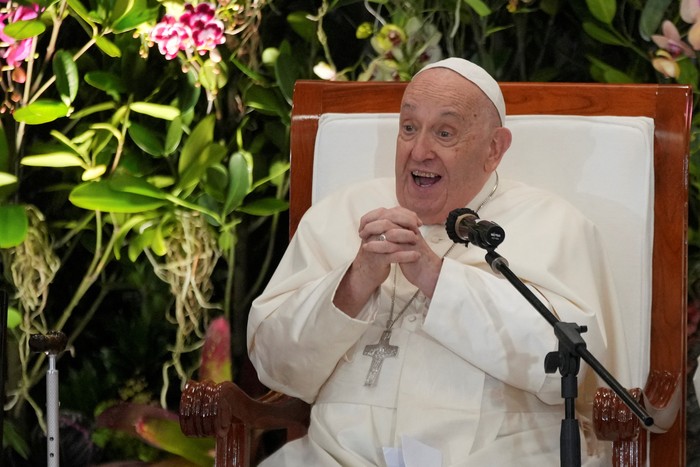 Pope Francis reacts on the day he interacts with the young people of Scholas Occurrentes at Graha Pemuda Youth Center in Jakarta, Indonesia, Wednesday, Sept. 4, 2024.     Tatan Syuflana/Pool via REUTERS