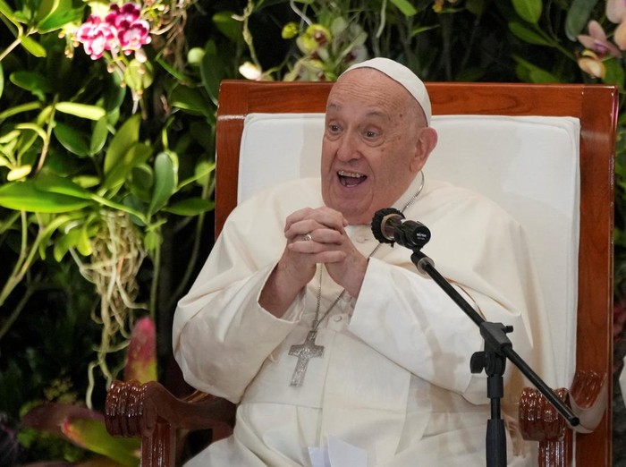 Pope Francis reacts on the day he interacts with the young people of Scholas Occurrentes at Graha Pemuda Youth Center in Jakarta, Indonesia, Wednesday, Sept. 4, 2024.     Tatan Syuflana/Pool via REUTERS