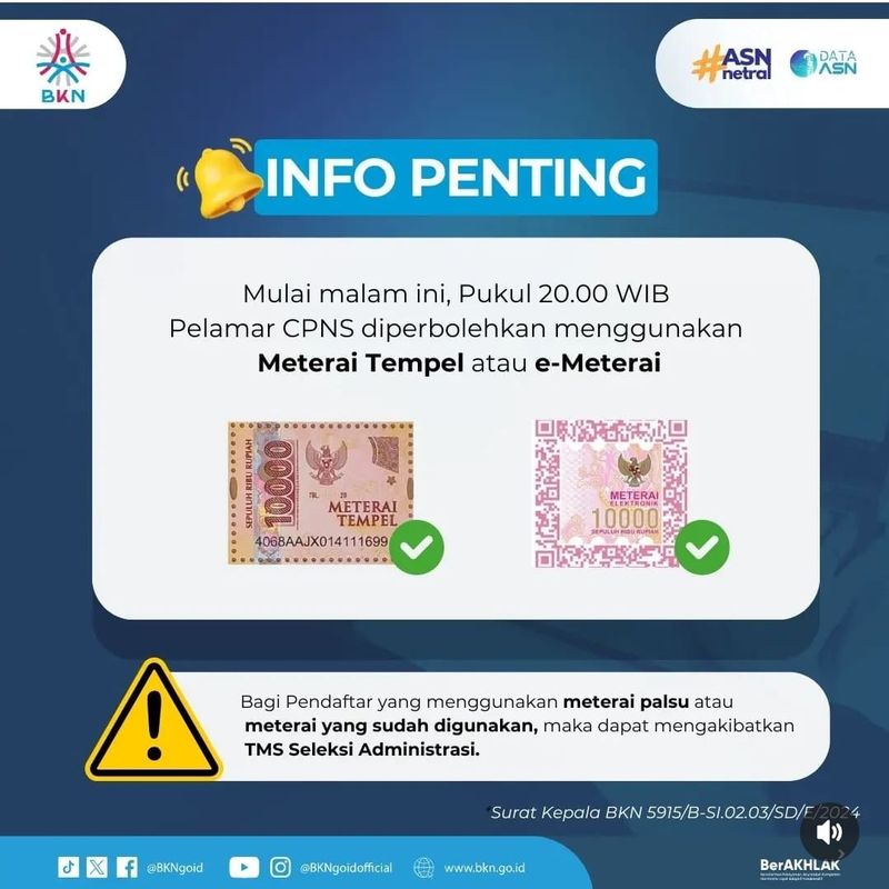 Daftar CPNS 2024 boleh pakai meterai tempel.