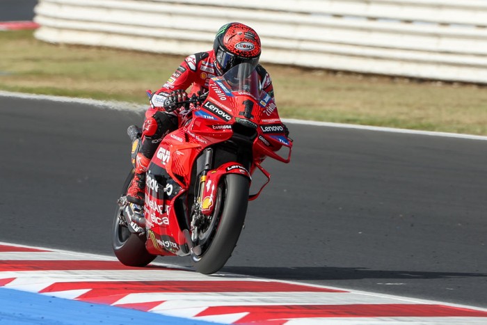MISANO ADRIATICO, ITA - SEPTEMBER 06: Francesco Bagnaia (1) of Italy and Ducati Lenovo Team speeds away from turn six during Free Practice 1 of the MotoGP Gran Premio Red Bull di San Marino e della Riviera di Rimini on September 6, 2024, at Misano World Circuit Marco Simoncelli in Misano Adriatico, Italy.  (Photo by David Buono/Icon Sportswire via Getty Images)