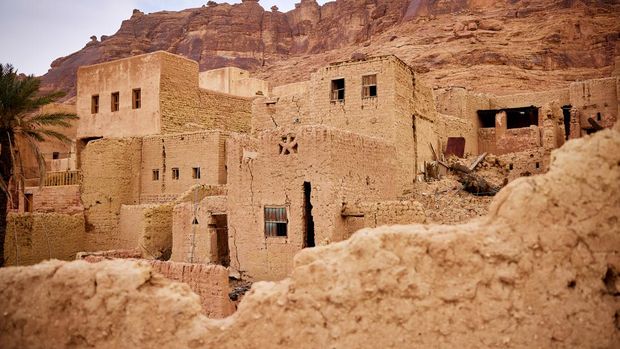 Ruins of historic settlement from  before12th-century located on ancient incense trading route and pilgrimage path from Damascus to Mecca.