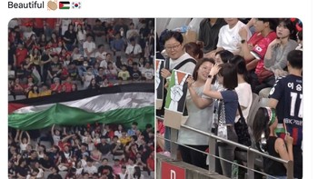 Fans Korea Selatan dipuji karena membentangkan bendera Palestina saat Timnas Korea Selatan berlaga melawan Palestina di Seoul. Foto: X.com