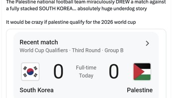 Menahan imbang raksasa Korea Selatan di kandangnya jelas merupakan kejutan bagi Palestina. Menyenangkan jika nanti Palestina lolos Piala Dunia, harap akun ini. Foto: X.com
