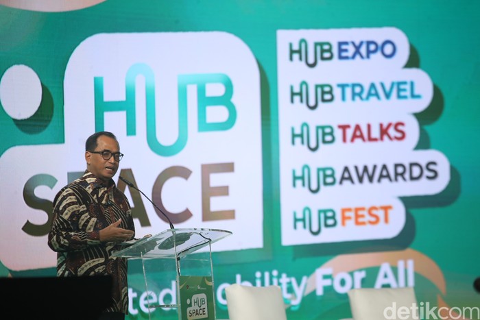 Menteri Perhubungan (Menhub) Budi Karya Sumadi berbicara dalam pembukaan Hub Space 2024 di JIExpo Kemayoran, Jakarta Pusat, Jumat (6/9/2024).