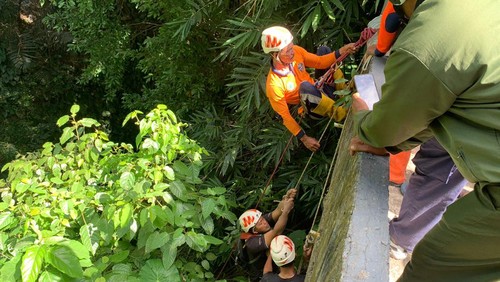 Upaya penyelamatan pasutri yang jatuh ke jurang di Banjar Ambengan, Desa Peliatan, Ubud, Gianyar, Jumat (6/9/2024). (foto : istimewa dok Polsek Ubud)