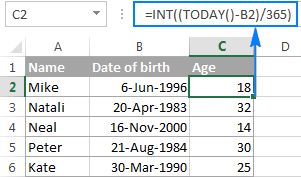 Rumus menghitung umur di Excel.