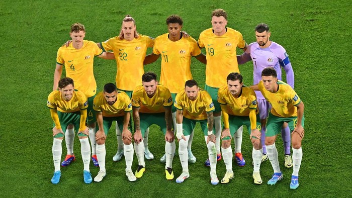 GOLD COAST, AUSTRALIA - SEPTEMBER 05: Australia pose for a team photo before the round three 2026 FIFA World Cup AFC Asian Qualifier match between Australia Socceroos and Bahrain at Robina Stadium on September 05, 2024 in Gold Coast, Australia. (Photo by Albert Perez/Getty Images)
