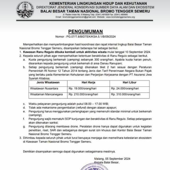 TNBTS buka Ranu Regulo Desa Ranupani Kecamatan Senduro Lumajang 10 September 2024.