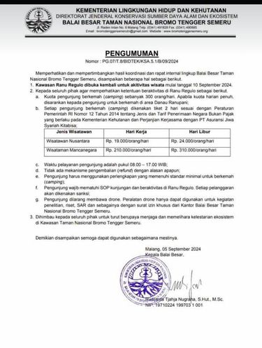 TNBTS buka Ranu Regulo Desa Ranupani Kecamatan Senduro Lumajang 10 September 2024.