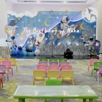 Meriah dengan tema ruang angkasa, gambar planet, pesawat ruang angkasa, serta astronaut tampak menghiasi ruangan acara ulang tahun Naka. Bangku warna-warni untuk teman-teman Naka yang hadir juga sudah dipersiapkan dan berjajar rapi Foto: Instagram/@indahpermatas