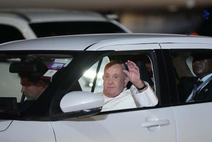 Pope Francis leaves the tarmac in a waiting car at Jacksons International Airport in Port Moresby, Papua New Guinea, Friday, Sept. 6, 2024. (AP Photo/Mark Baker)