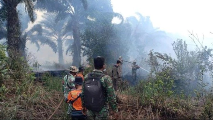 Petugas berusah memadamkan karhutla di Desa Patra Tani, Muara Belida