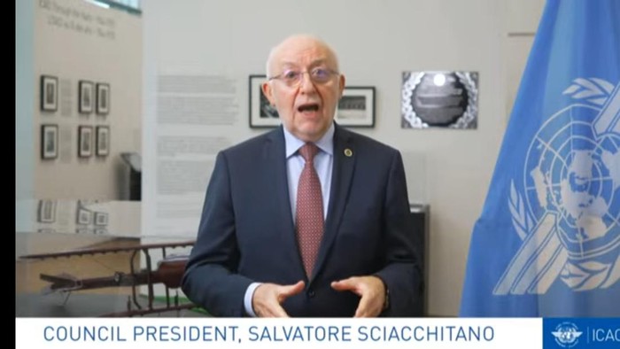 Presiden ICAO Salvatore Sciacchitano memberikan sambutan di Hub Space 2024.