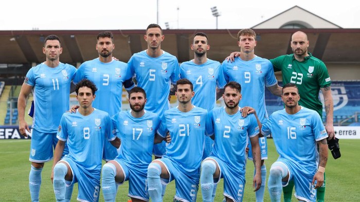 SAN MARINO, SAN MARINO - JUNE 05: The San Marino starting eleven line up for a team photo, back row ( L to R ); Dante Rossi, Mirko Palazzi, Michele Cevoli, Luca Ceccaroli, Nicola Nanni and Elia Benedettini, front row ( L to R ); Michael Battistini, Alessandro Golinucci, Lorenzo Lunadei, Alessandro DAddario and Danilo Rinaldi, prior to kick off in the UEFA Nations League League D Group 2 match between San Marino and Malta at San Marino Stadium on June 05, 2022 in San Marino, San Marino. (Photo by Jonathan Moscrop/Getty Images)