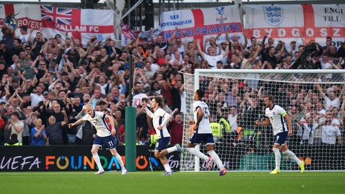 Englands Jack Grealish (second left) celebrates scoring their sides second goal of the game during the UEFA Nations League Group F match at the Aviva Stadium, Dublin. Picture date: Saturday September 7, 2024. (Photo by Niall Carson/PA Images via Getty Images)
