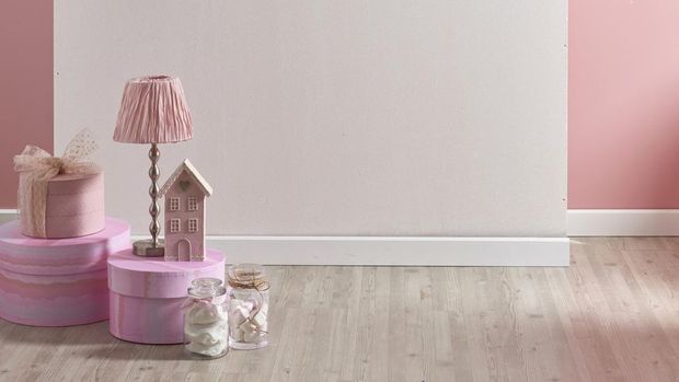 Cat Dinding Bernuansa Pink modern home interior girls room with pink slatted wall and commode frame lampshade vase flower girl toy