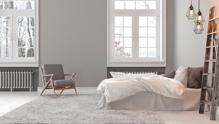 Scandinavin loft gray empty bedroom interior with armchair, bed and lamp. 3d render illustration mock up.