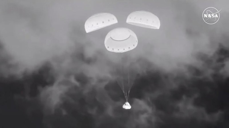 The empty Boeing Starliner capsule sits at White Sands Missile Range in New Mexico, late Friday, Sept. 6, 2024, after undocking from the International Space Station. (Boeing via AP)