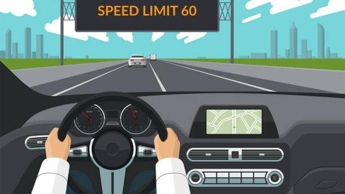 Drive safety concept. The drivers hands on the steering wheel, the dashboard, the car interior, the highway with traffic and the electronic billboard informating about speed limit. Flat style