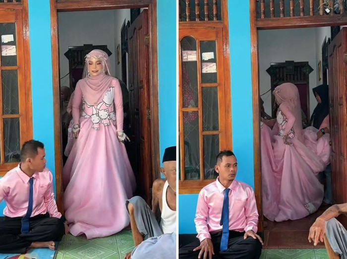 Acara pernikahan ini mendadak viral karena pengantin wanita mengenakan busana dengan tema Hello Kitty dan pengantin pria memakai kemeja warna pink.