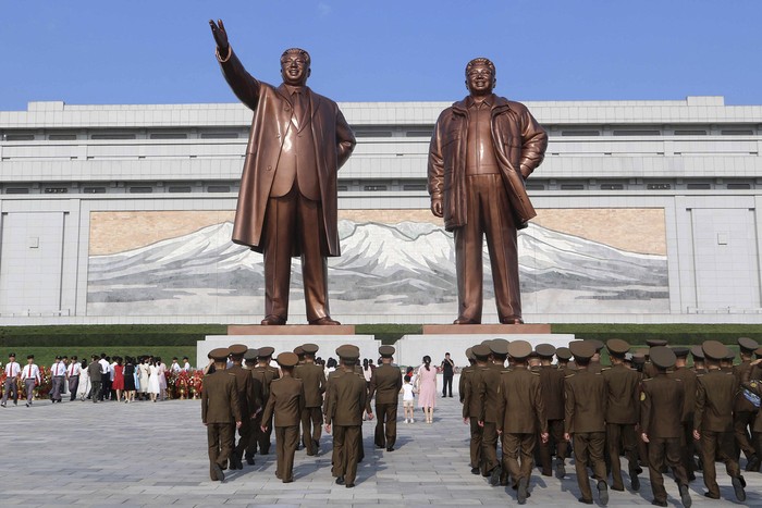 Pyongyang citizens pay respect to the statues of their late leaders Kim Il Sung and Kim Jong Il on Mansu Hill on the occasion of the countrys 76th founding anniversary in Pyongyang, North Korea Monday, Sept. 9, 2024. (AP Photo/Jon Chol Jin)