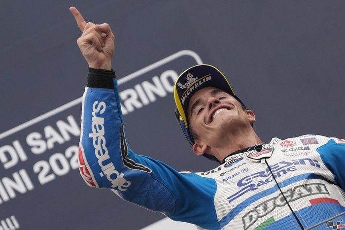 MISANO ADRIATICO, ITALY - SEPTEMBER 08: Marc Marquez of Spain and Gresini Racing MotoGP celebrate victory in the MotoGP Race of MotoGP Of San Marino at Misano World Circuit on September 08, 2024 in Misano Adriatico, Italy. (Photo by Danilo Di Giovanni/Getty Images)