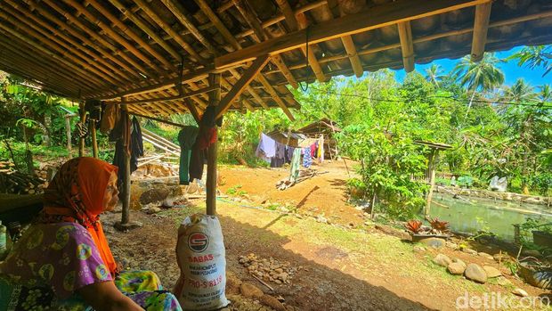 Eem Julaeha (70) saat melihat kandang kambing yang jadi sasaran macan di Sukabumi