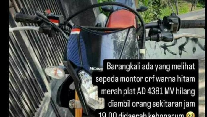 Foto motor trail milik korban yang dibawa kabur pelaku di Kebonarum, Klaten. Foto diunggah Selasa (10/9/2024).