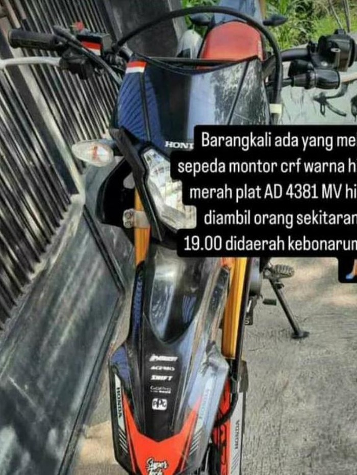 Foto motor trail milik korban yang dibawa kabur pelaku di Kebonarum, Klaten. Foto diunggah Selasa (10/9/2024).