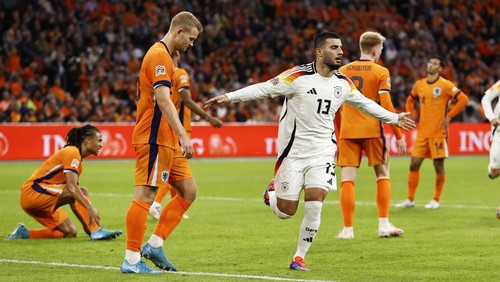 AMSTERDAM - (l-r) Nathan Ake of Holland, Matthijs De Ligt of Holland balks, Deniz Undav of Germany celebrates 1-1 during the UEFA Nations League match between the Netherlands and Germany at the Johan Cruyff ArenA on Sept. 10, 2024 in Amsterdam, Netherlands. ANP MAURICE VAN STEEN (Photo by ANP via Getty Images)