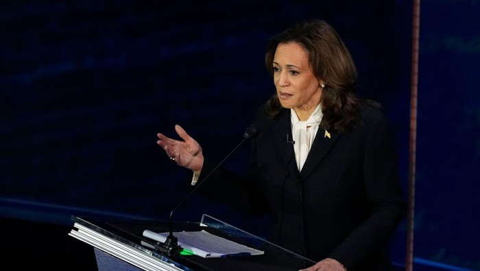 Harris speaks during a presidential debate with former President Donald Trump at the National Constitution Center on Tuesday in Philadelphia. Alex Brandon/AP