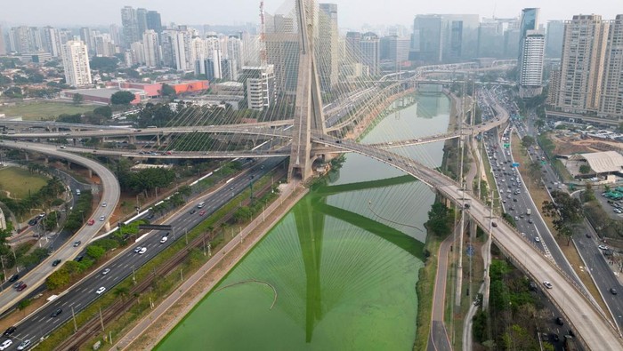 Kekeringan Bikin Sungai di Brasil Berubah Hijau A drone view shows algae proliferation turning the Pinheiros River green after dry weather and lack of rain reduced tributary contributions, increasing nutrient concentration and favoring algae growth, in Sao Paulo, Brazil September 10, 2024. REUTERS/Jorge Silva