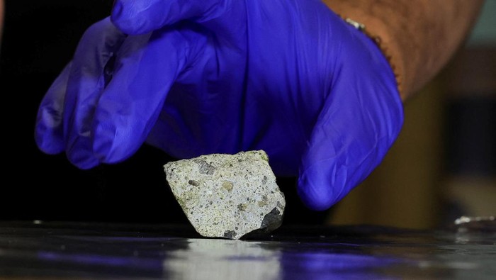 Batu Meteor Langka Ditemukan di Afrika Selatan, Ini Potretnya A researcher handles a fragment of meteorite during a press conference where researchers from the University of the Witwatersrand, Nelson Mandela University and Rhodes University explain the entry of a meteorite into Earth's atmosphere over South Africa last week, in Gqeberha, South Africa, September 3, 2024. REUTERS/Esa Alexander