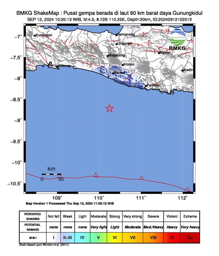 Gempa bumi magnitudo (M) 4,5 terjadi di lautan sebelah selatan Gunung Kidul, Yogya. Gempa ini masih rangkaian gempa susulan yang terjadi pada akhir bulan lalu. (dok BMKG)