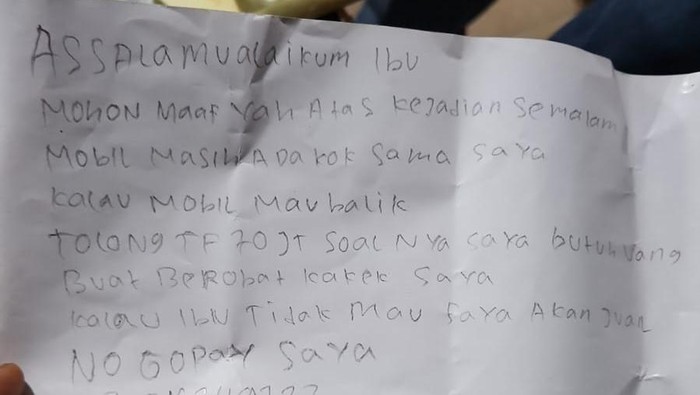 Ibnu, perampok taksi online di Tol JORR Bekasi mengirimkan surat kepada korban dan menyampaikan permintaan maaf.