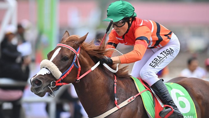 Joki pacuan kuda DKI Jakarta Ezra Tamunu memacu kudanya dalam perlombaan pacuan kuda kelas C-1.600 M PON XXI Aceh-Sumut 2024 di Arena Pacuan Kuda Belang Bebangka, Kabupaten Aceh Tengah, Aceh, Kamis (12/9/2024). Ezra Tamunu dengan kudanya Galardo meraih emas dengan catatan waktu satu menit 49,27 detik dana joki Jawa Timur Brahmantio FB Turangan meraih perak dengan waktu satu menit 49,90 detik serta joki Riau Rudi Rahmat meraih perunggu dengan waktu satu menit 52,26 detik. ANTARA FOTO/Arnas Padda/aww.