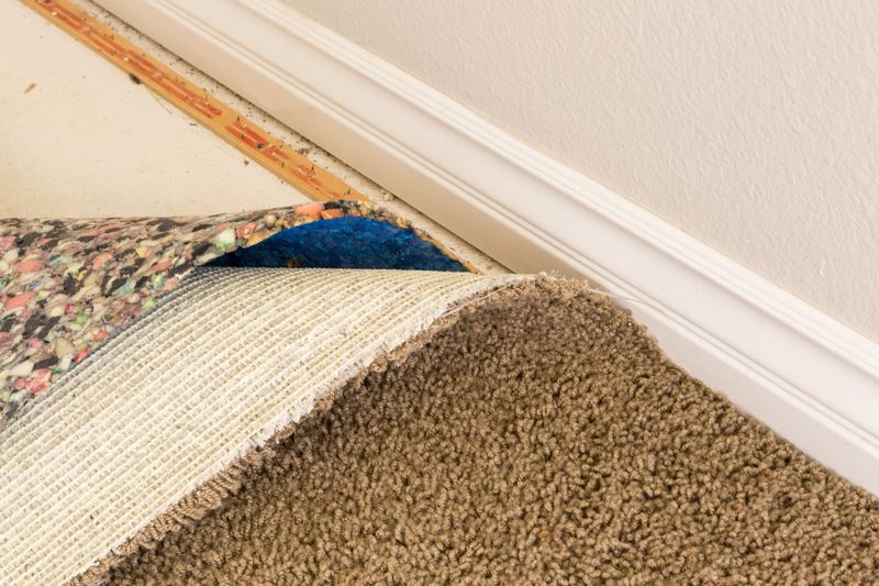 Pulled Back Carpet and Padding In Room of House.