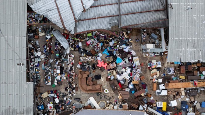 A drone view shows the Junk In The Trunk thrift store, which suffered a roof failure and wall collapse due to the effects of Hurricane Francine, in Houma, Louisiana, U.S., September 12, 2024.  REUTERS/Edmund D. Fountain
