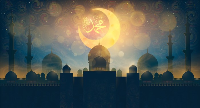 of Mawlid al-Nabi al-Sharif. translation Arabic- Prophet Muhammads birthday in Arabic Calligraphy style. Islamic architecture cartoon scenery background. Illustration.