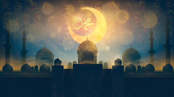 of Mawlid al-Nabi al-Sharif. translation Arabic- Prophet Muhammads birthday in Arabic Calligraphy style. Islamic architecture cartoon scenery background. Illustration.